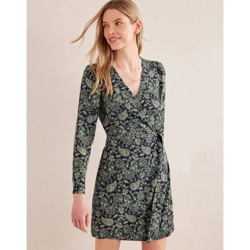 Boden Wrap Detail Deep Sea Green Blue Paisley Dress Sz US 6L